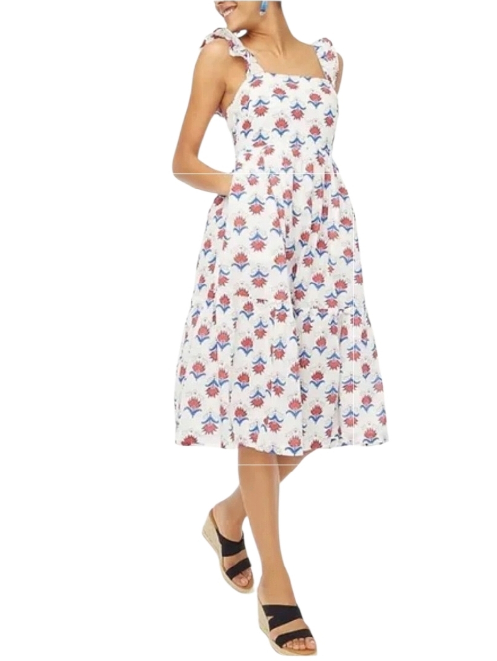 J.Crew Factory Blue White Red Coastal Grandma Floral Tiered Midi Cotton Size XS - Picture 2 of 15